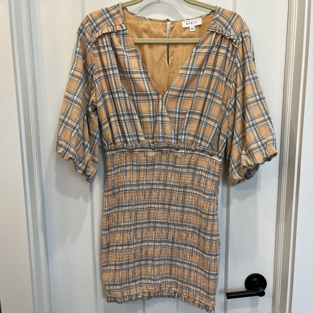 Mable Anthropologie Southern Peach Mini Dress Plaid Puff Sleeve Size Large